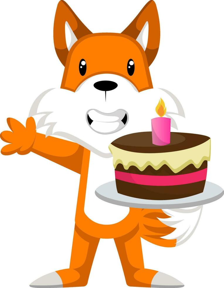 Fox avec gâteau, illustration, vecteur sur fond blanc.