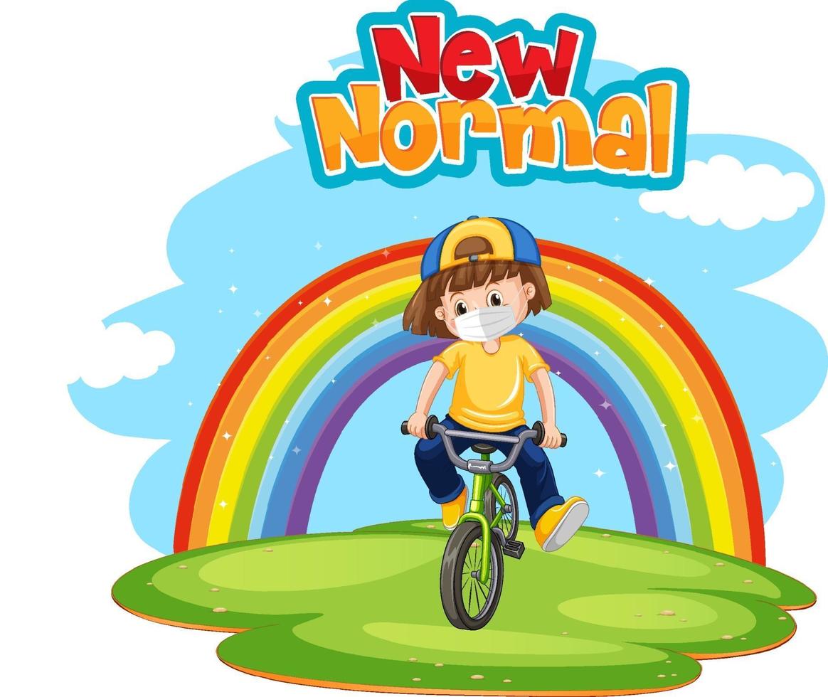 nouvelle normalité avec une fille à vélo avec arc-en-ciel vecteur