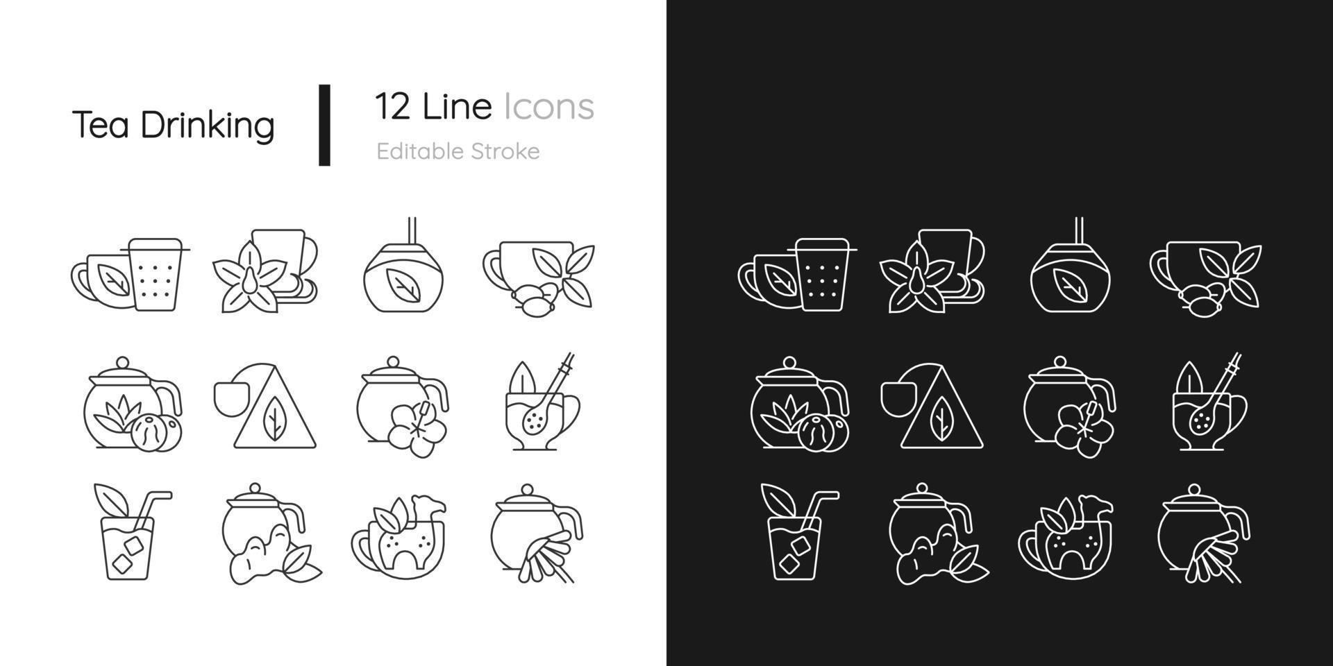 icônes linéaires liées à la consommation de thé définies pour les modes sombre et clair vecteur