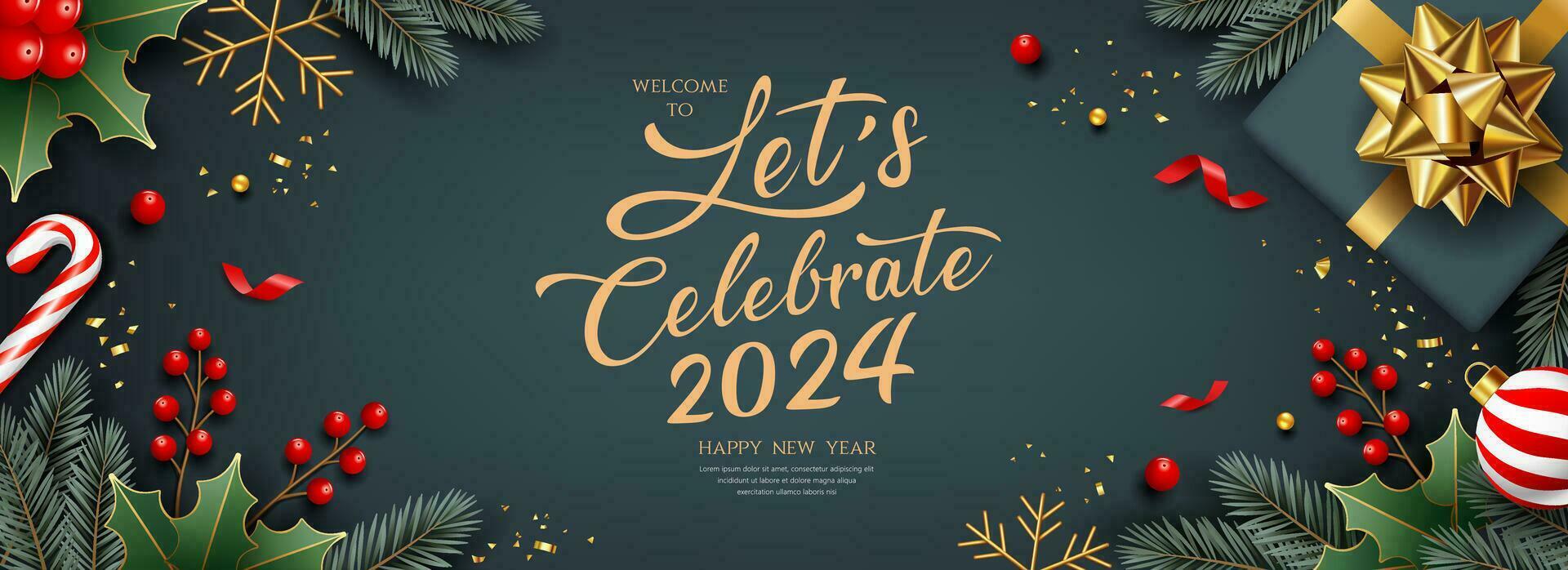 2024 nous allons célébrer joyeux Noël et content Nouveau année, bannière salutation carte conception sur foncé gris arrière-plan, eps dix vecteur illustration