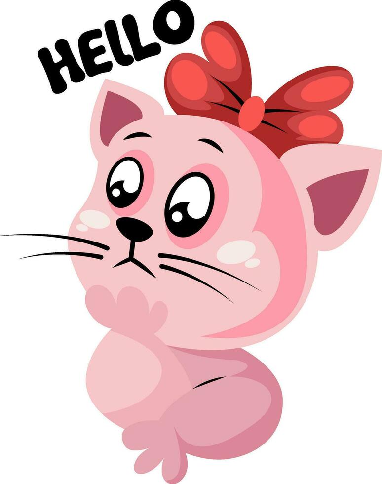 bébé rose minou avec rouge arc en disant Bonjour vecteur illustration sur une blanc Contexte