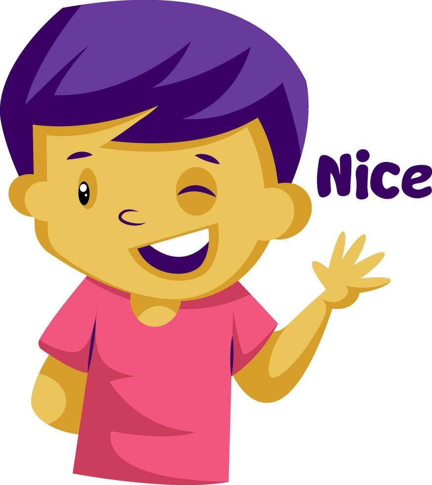Jaune garçon avec violet cheveux agitant et en disant agréable vecteur illustration sur une blanc Contexte