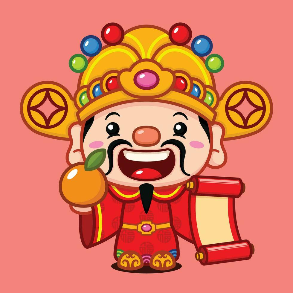 mignonne chinois Nouveau année fortune Dieu en portant Orange et faire défiler bannière vecteur