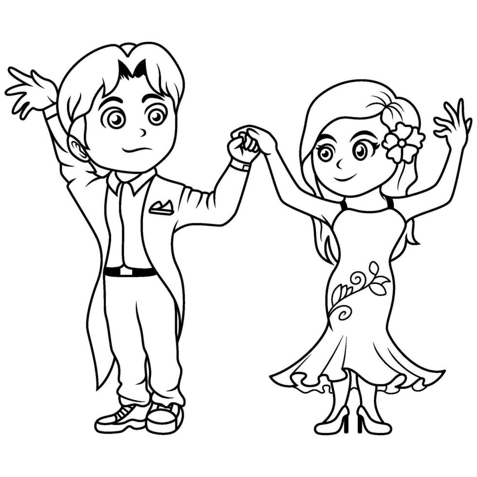 mignonne dessin animé peu garçon et fille dansant ligne art vecteur