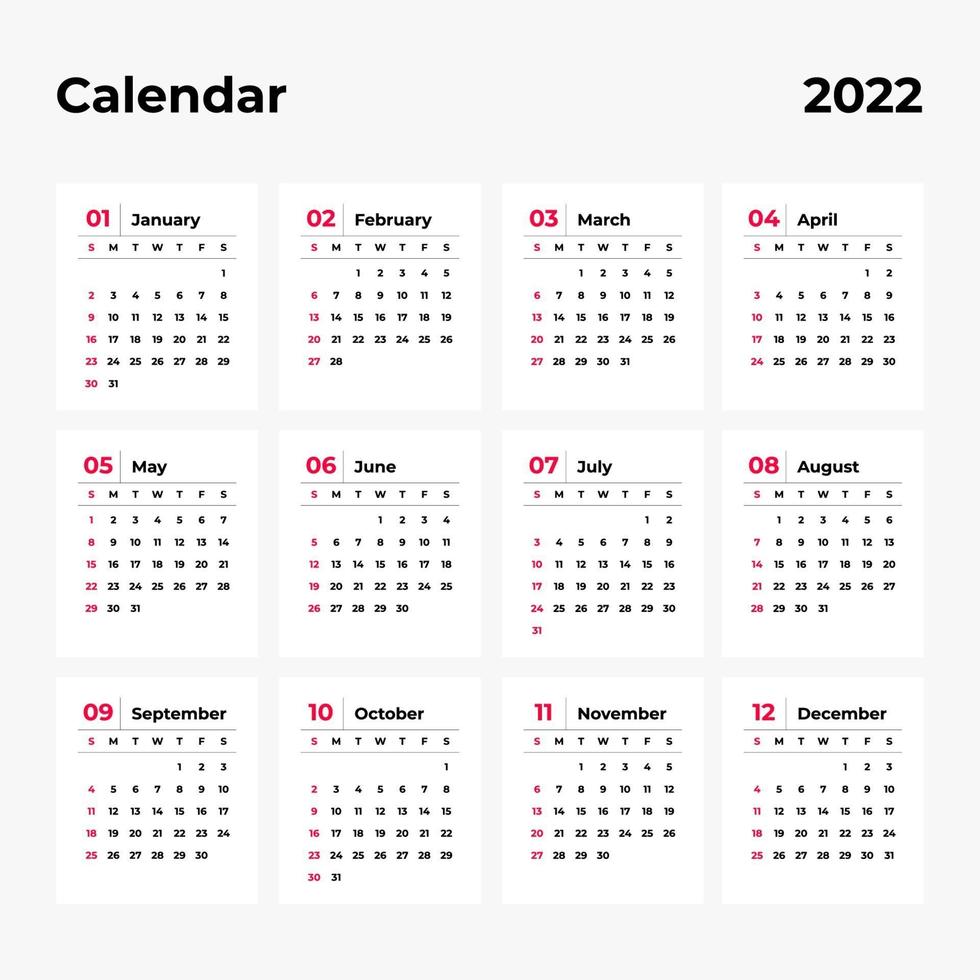 calendrier 2022, 12 mois dans un style simple et minimaliste. vecteur