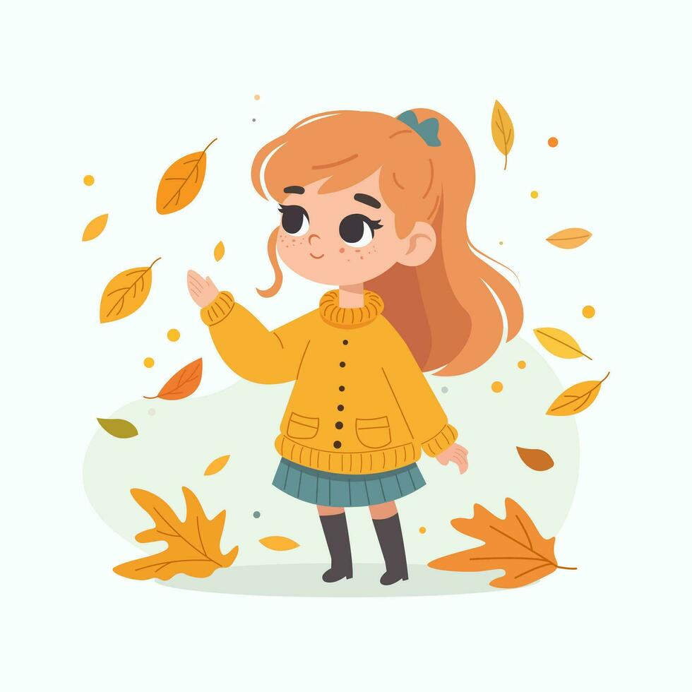 une Jeune dessin animé fille avec taches de rousseur admire le chute Jaune feuilles. l'automne saison. dessin animé style vecteur