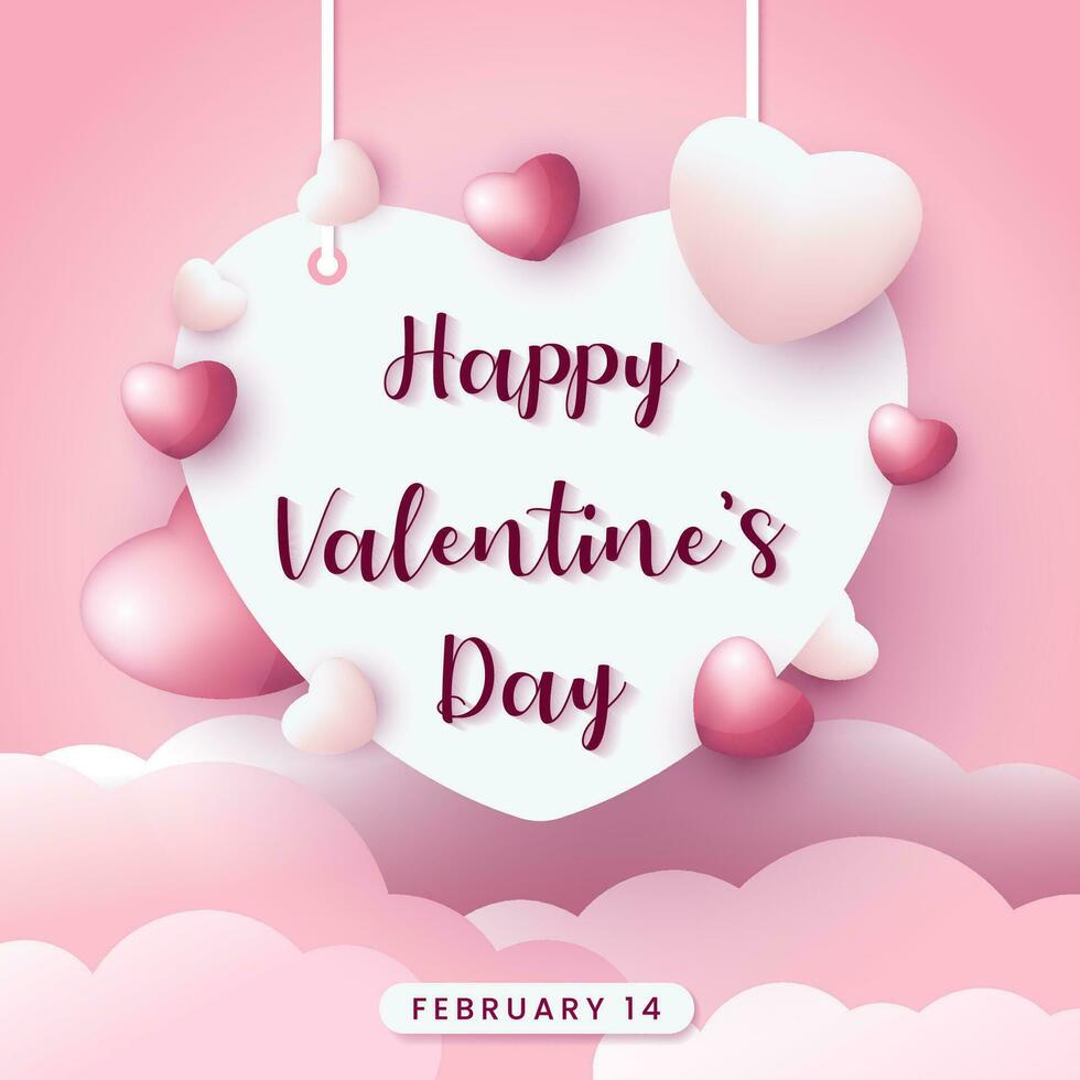content la Saint-Valentin journée salutation carte, avec accessoires dans le forme de l'amour sur une rose Contexte au dessus le des nuages vecteur