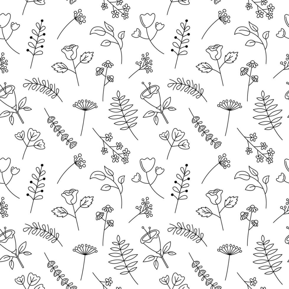 floral modèle vecteur noir et blanc sans couture Contexte. mignonne main tiré fleurs, feuille éléments. décoratif les plantes répéter illustration