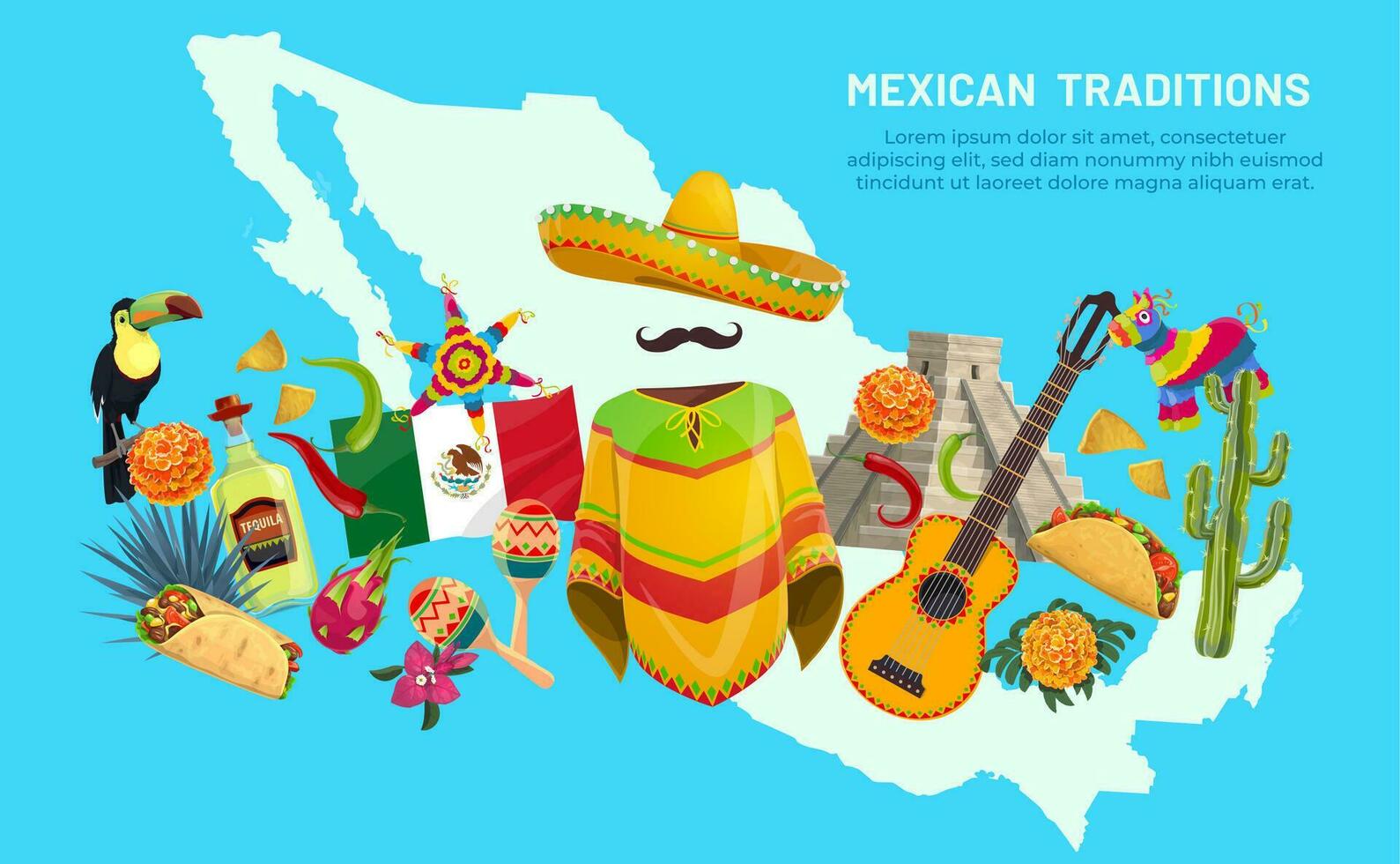 mexicain carte avec Texas mex cuisine, animaux, fleurs vecteur