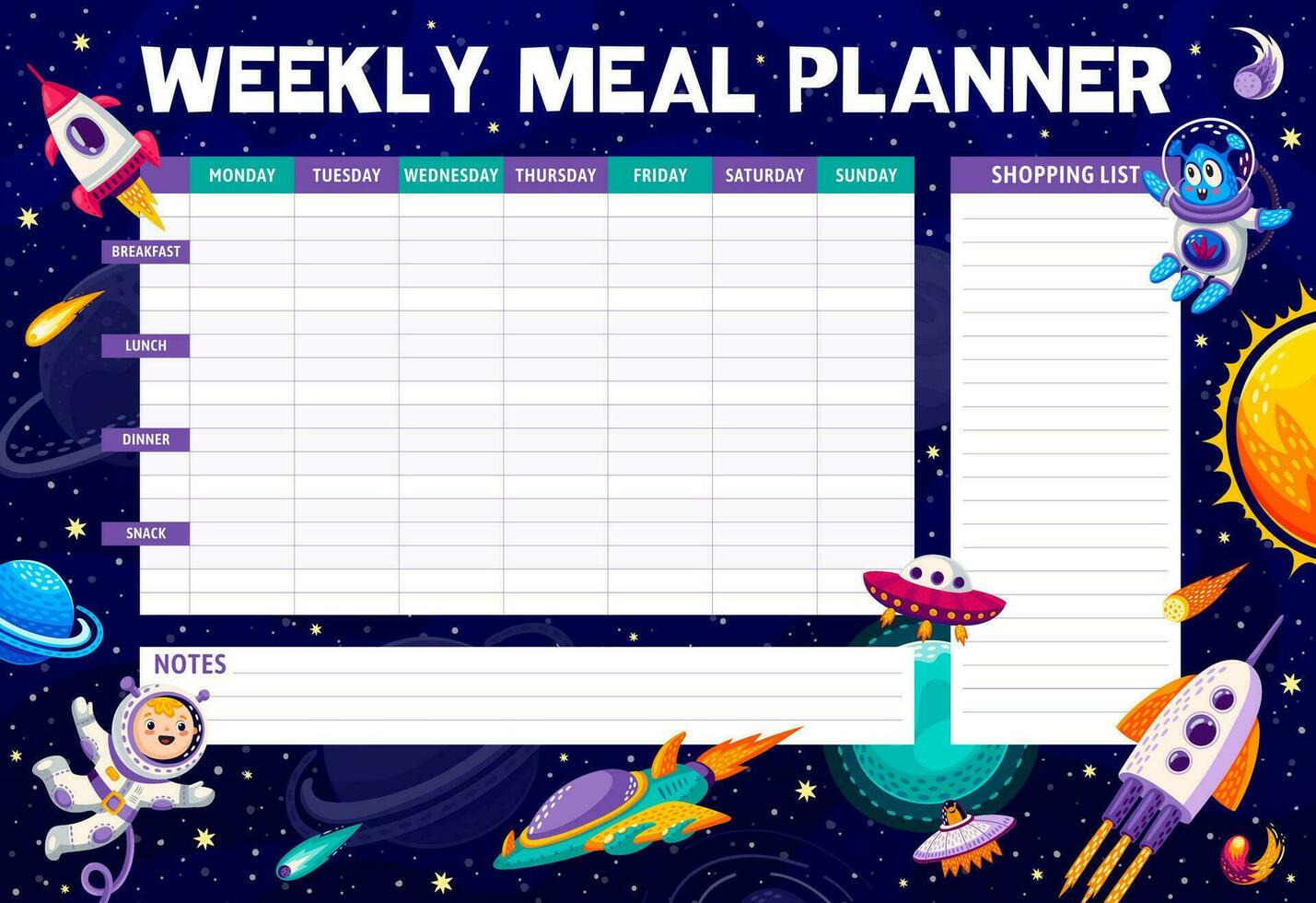 espace hebdomadaire repas planificateur avec galaxie personnages vecteur