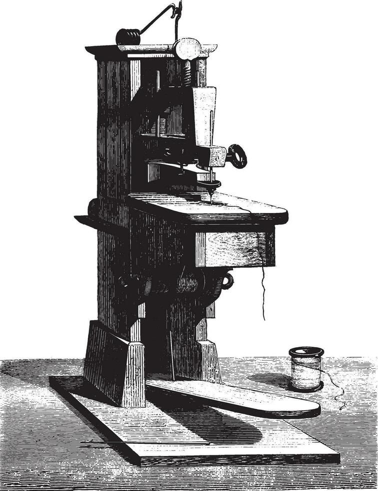 le premier couture machine a inventé par Thimonnier donné à le conservatoire de les arts et artisanat par le chambre de Commerce tarare, ancien gravure. vecteur