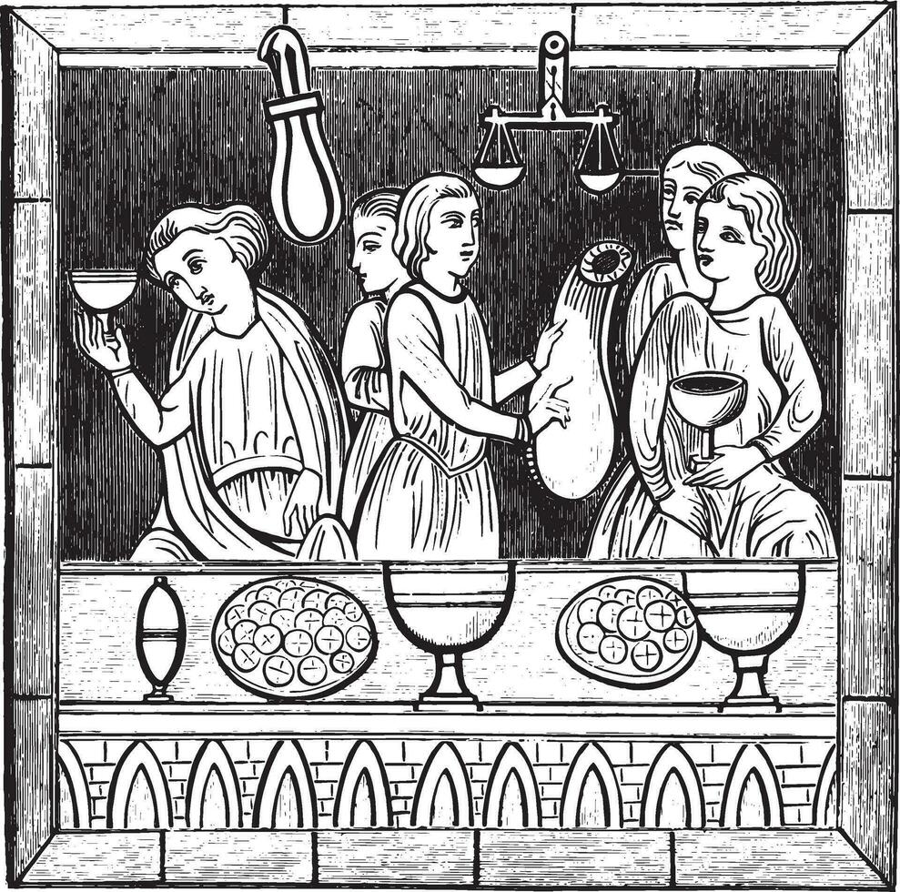 une changeur dans le treizième siècle coloré verre dans le cathédrale de le hommes, ancien gravure. vecteur