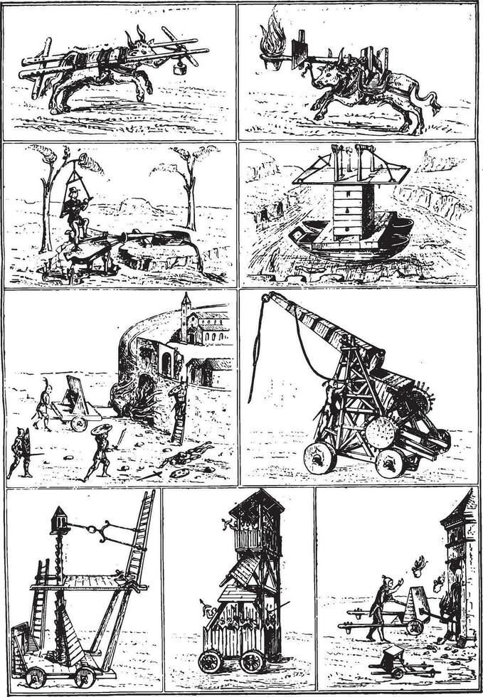 guerre Machines dans le quatorzième et quinzième des siècles, ancien gravure. vecteur