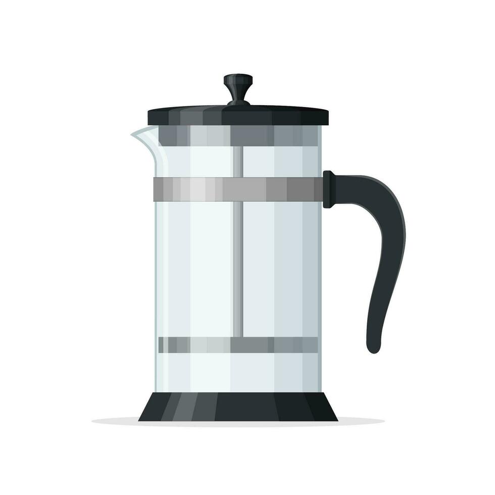 français presse café pot isolé sur blanc Contexte. vide verre théière avec piston. Accueil café fabricant, boisson vaisselle. meilleur pour café magasin et restaurant menu. vecteur illustration.