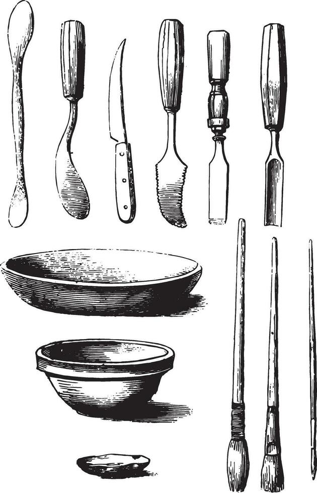 ustensiles et outils pour moulage, ancien gravure. vecteur