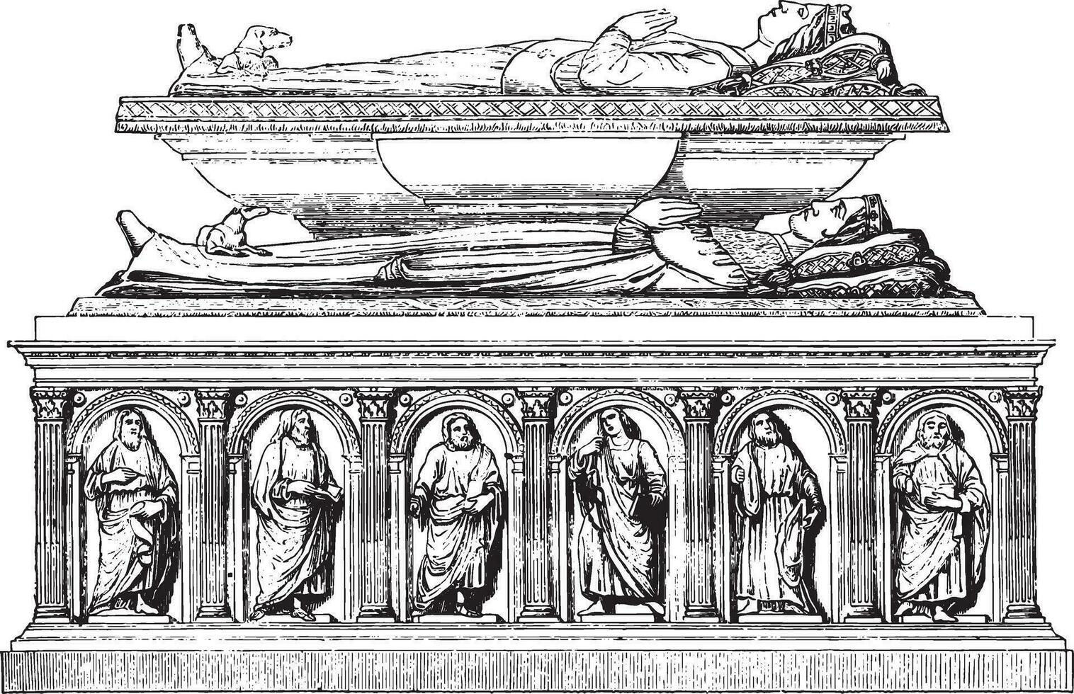 la gauche côté de le tombeau, porter le effigies de Valentin de Milan et le sien fils philippe d'Orléans, ancien gravure. vecteur