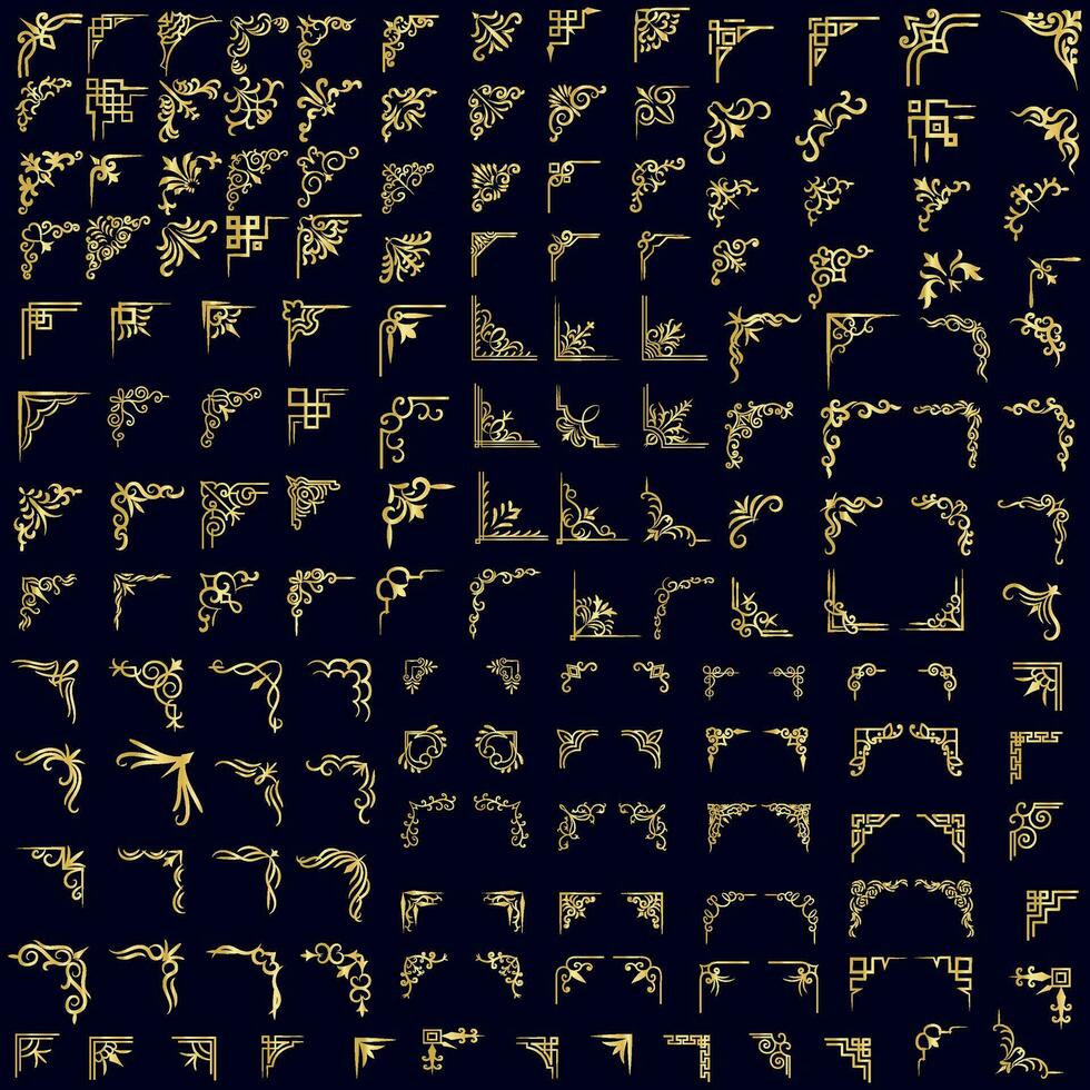 or vecteur illustration de décoratif coin Cadre ensemble. main dessiner de coins différent formes d'or coin Cadre ancien Cadre décoration, or floral ornements.