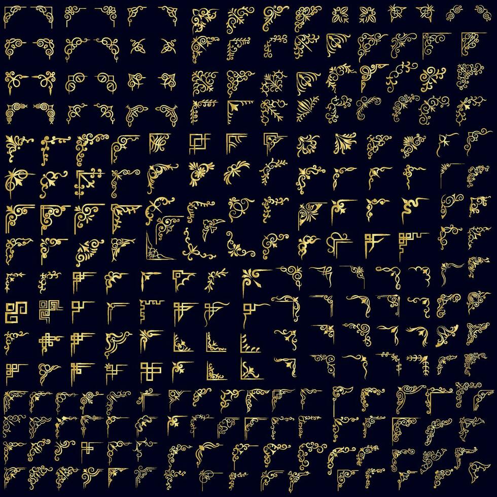 or vecteur illustration de décoratif coin Cadre ensemble. main dessiner de coins différent formes d'or coin Cadre ancien Cadre décoration, or floral ornements.