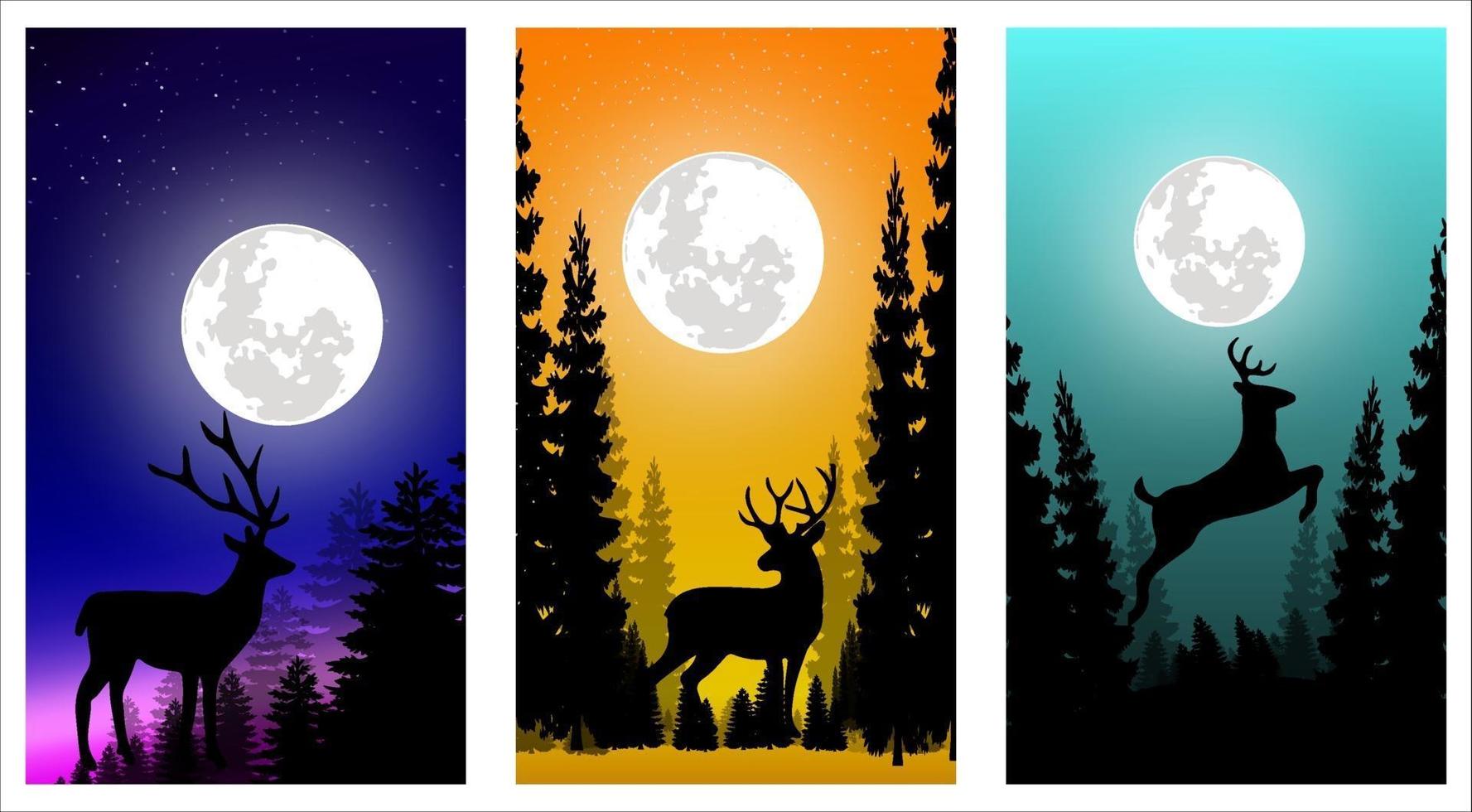 image vectorielle d'illustration de scène de nuit avec la pleine lune et le cerf vecteur
