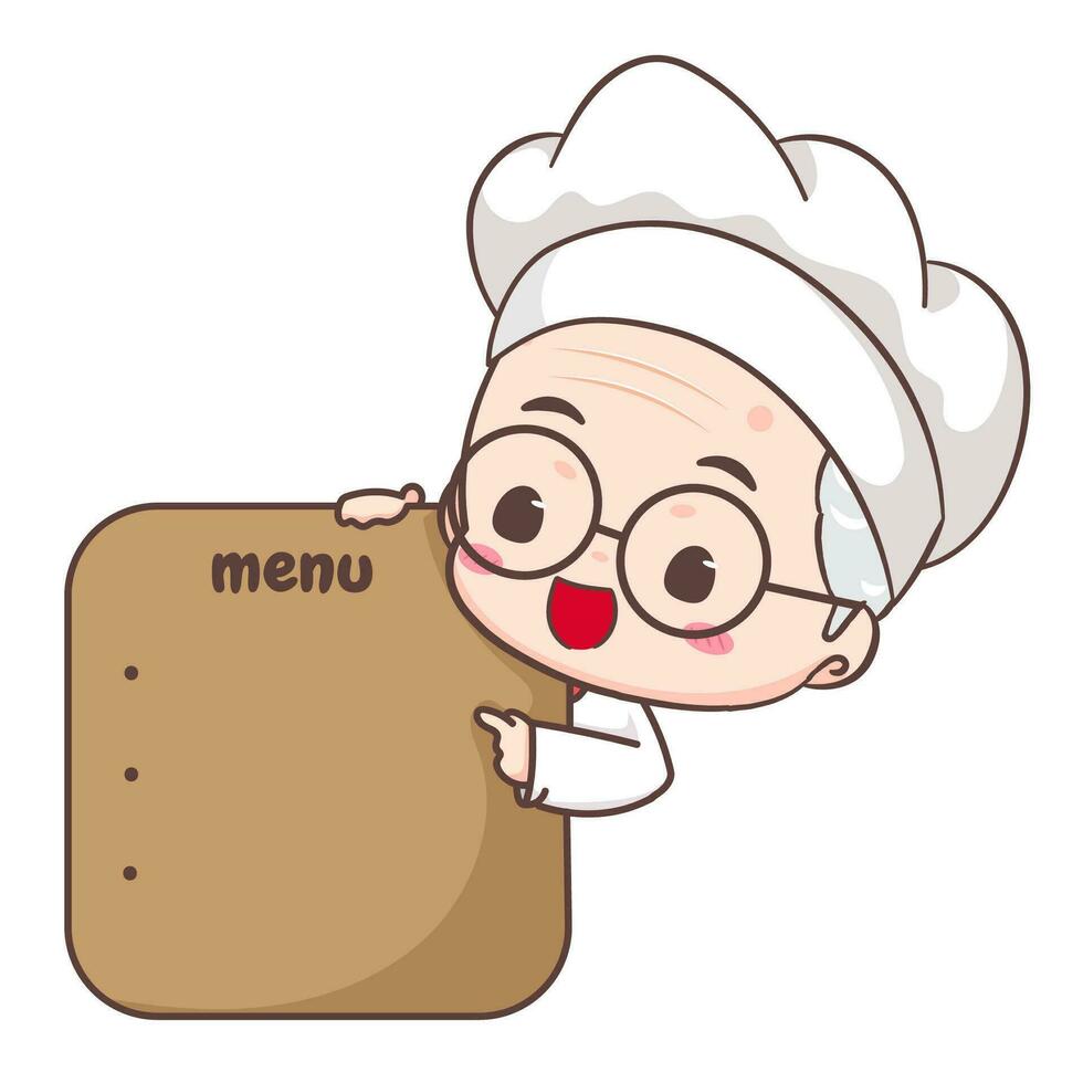 mignonne grand-père chef montrer du doigt menu planche dessin animé. grand-père cuisine logo vecteur art. gens nourriture icône concept. restaurant et fait maison culinaire logo