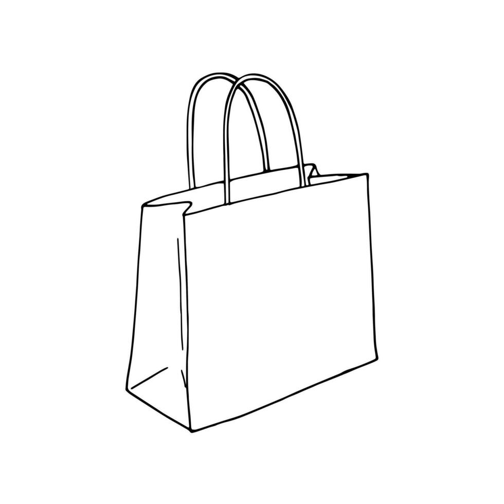 achats papier sac. livraison sac esquisser sur une blanc isolé Contexte. papier sac pour épicerie achats. le déjeuner emballer. centre commercial ventes, acheter dans magasin, cadeau paquet, achats dans une marché vecteur