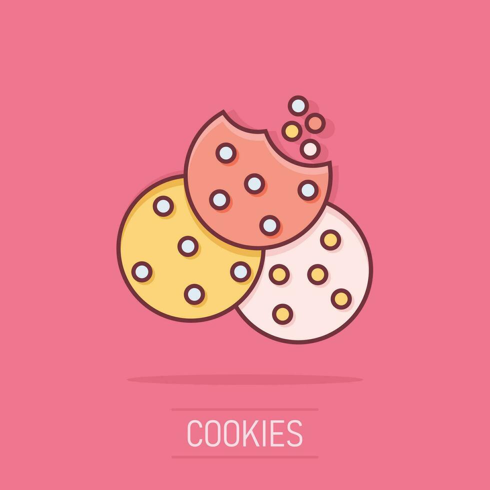 icône de cookie de dessin animé de vecteur dans le style comique. pictogramme d'illustration de signe de biscuit à puce. concept d'effet d'éclaboussure d'entreprise de biscuit de pâtisserie.