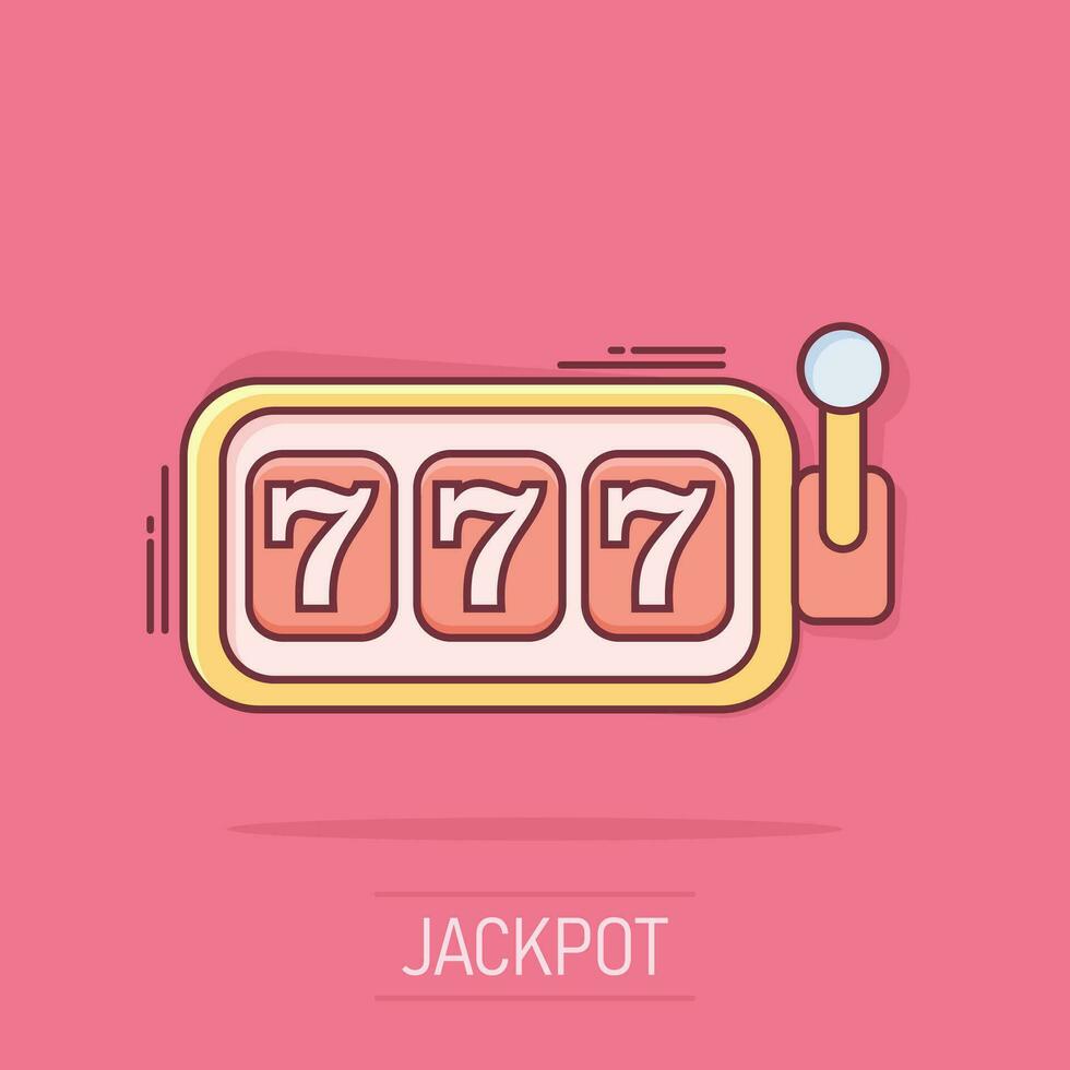 icône de machine à sous de casino de dessin animé de vecteur dans le style comique. 777 pictogramme d'illustration de signe de jackpot. concept d'effet d'éclaboussure d'entreprise gagnant de casino.