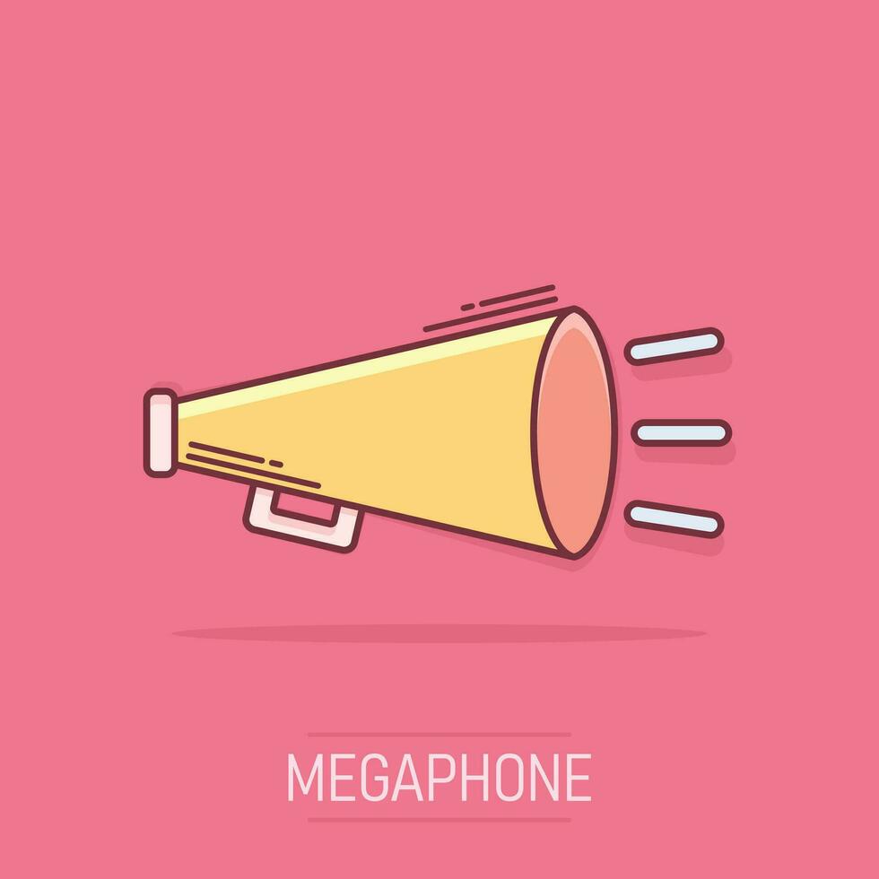 icône de mégaphone de dessin animé de vecteur dans le style comique. pictogramme d'illustration de signe mégaphone. concept d'effet d'éclaboussure d'affaires de mégaphone.