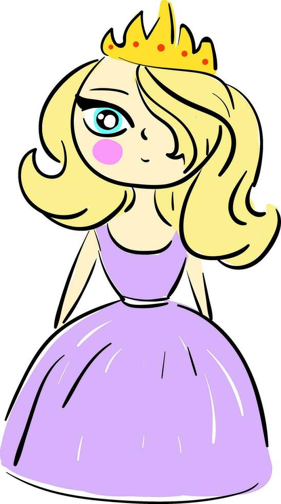 dessin animé de une Princesse dans violet robe avec longue blond cheveux et d'or couronne vecteur illustration sur blanc Contexte