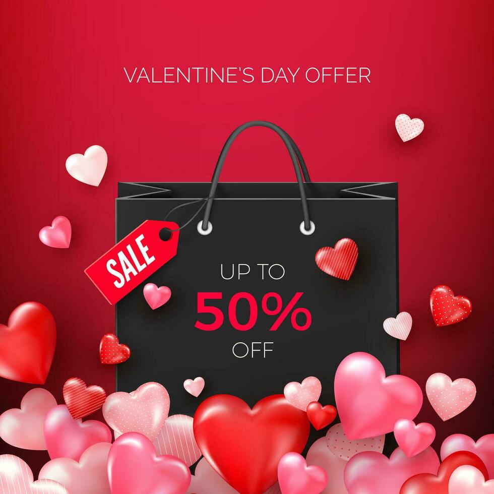 noir achats Sacs avec remise offre avec en volant cœurs. vente la Saint-Valentin journée promotion pour magasin. vecteur illustration