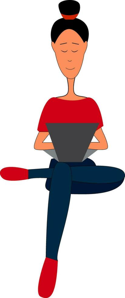 fille dans rouge T-shirt bleu un pantalon et rouge des chaussures séance avec une portable vecteur illustration sur blanc Contexte