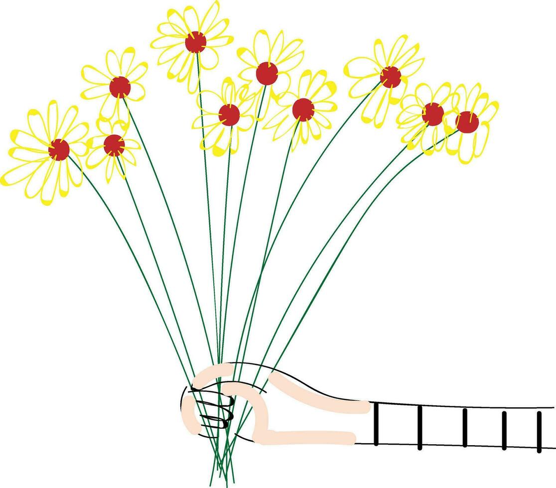 abstrait image de une main en portant une bouquet de Jaune fleurs vecteur illustration sur blanc Contexte
