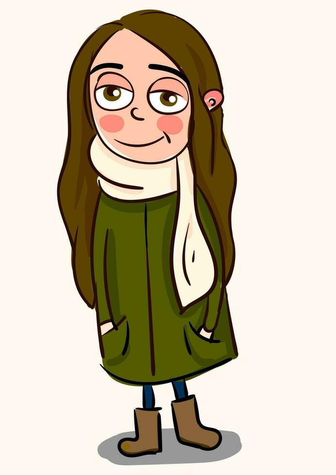 mignonne souriant fille avec longue marron cheveux dans une longue vert manteau et blanc écharpe vecteur illustration sur blanc Contexte