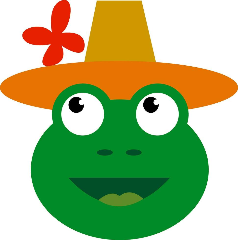 une content vert grenouille portant une marron-orange Haut chapeau avec rouge fleur décoration vecteur Couleur dessin ou illustration