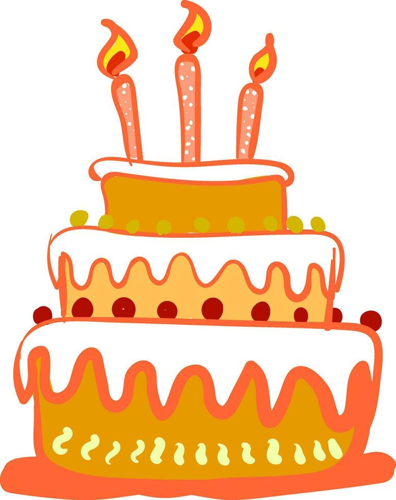 clipart de une magnifique à trois couches anniversaire gâteau avec Trois embrasé bougies pour fête vecteur Couleur dessin ou illustration