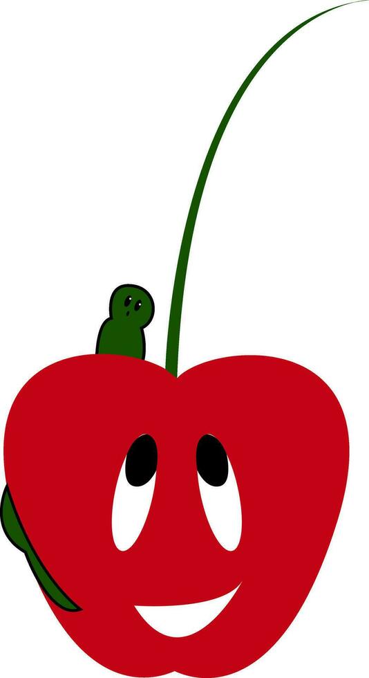 une content rouge Cerise fruit emoji inquiet à propos une petit vert insecte rampant sur ses épaule vecteur Couleur dessin ou illustration