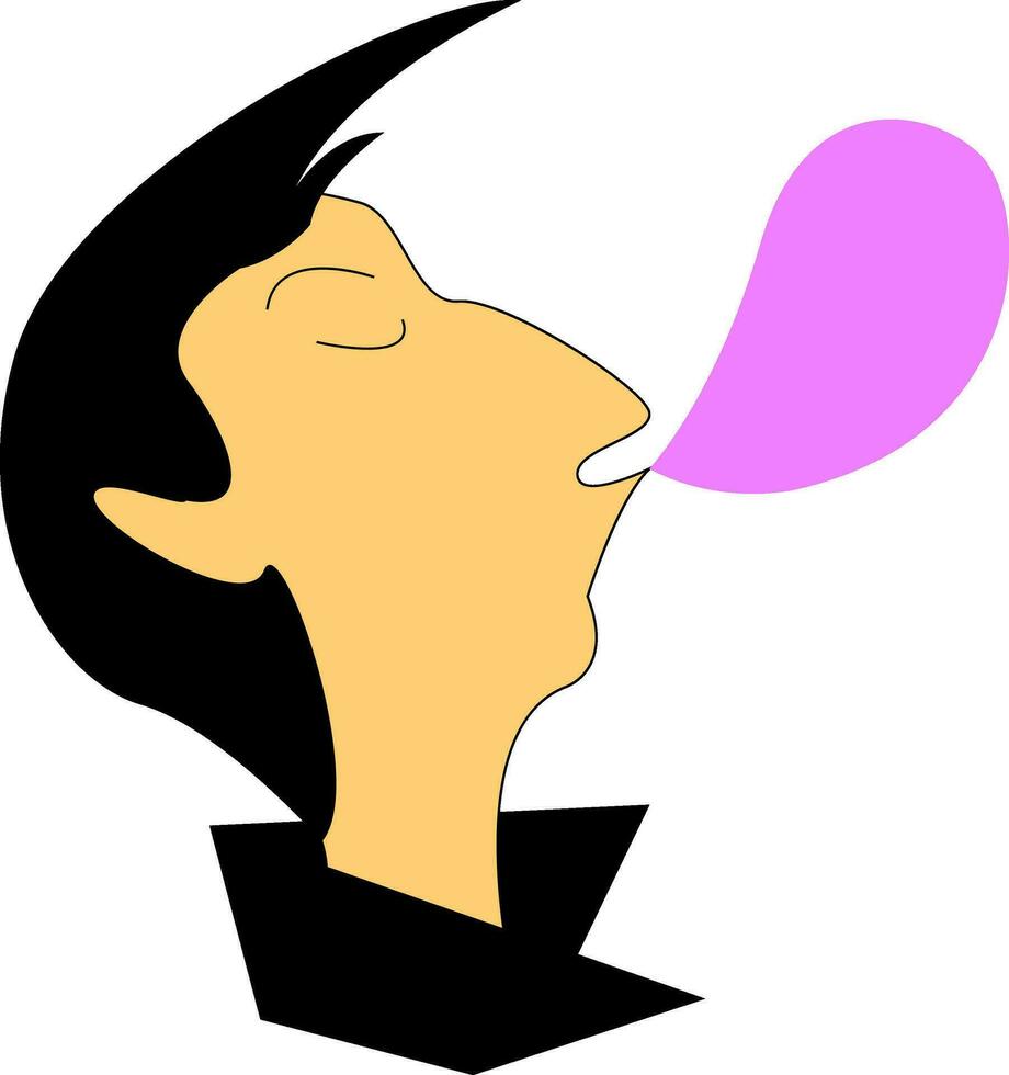 le côté vue de une Jeune garçon dans noir collier chemise soufflant de couleur violette bulle gencive vecteur Couleur dessin ou illustration