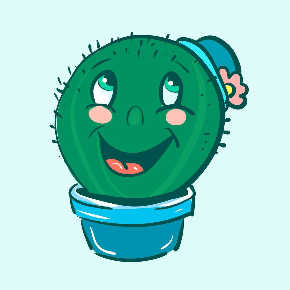 une cactus plante emoji avec une bleu chapeau est en riant avec ses bouche large ouvert vecteur Couleur dessin ou illustration