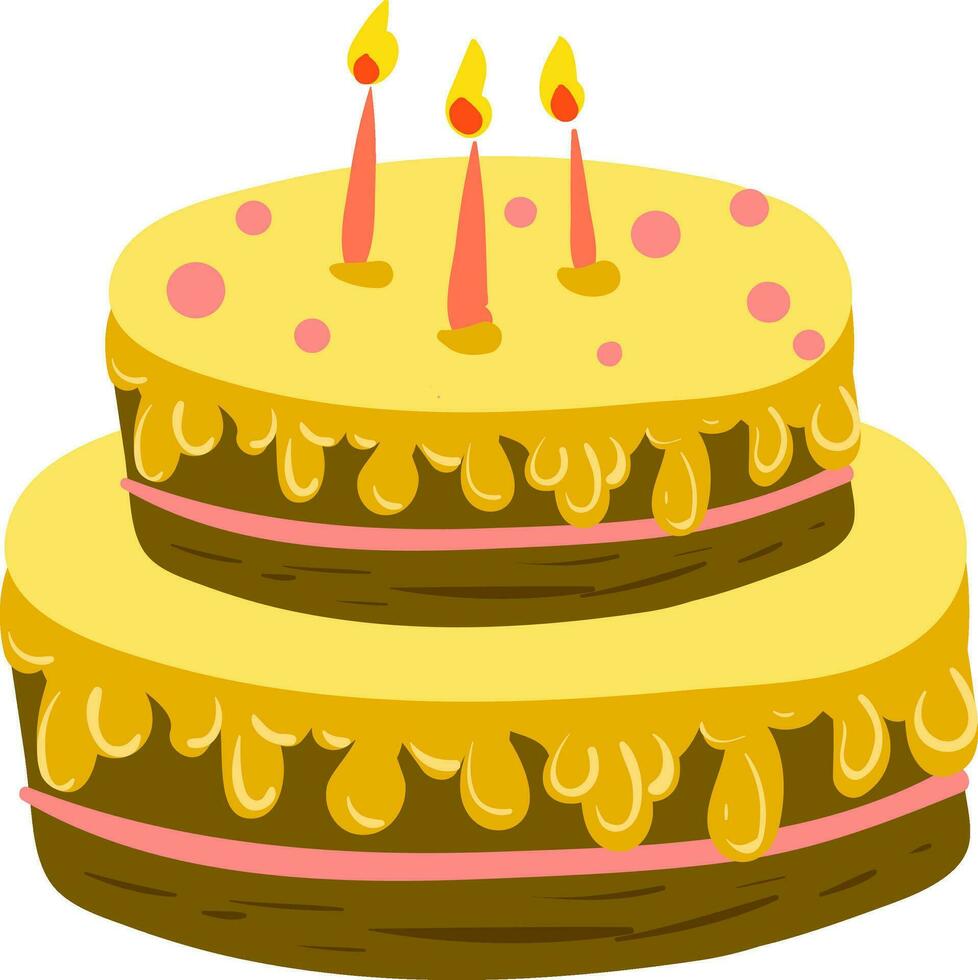 une Chocolat gâteau avec deux couches Jaune glaçage et embrasé bougies vecteur Couleur dessin ou illustration