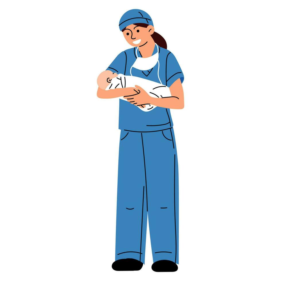 sage-femme, médecin avec le concept de une nouveau née. femme infirmière, médecin ou sage-femme sourit dans une bleu uniforme, permanent grand, en portant une nouveau née bébé dans sa bras et à la recherche à lui dans une hôpital vecteur