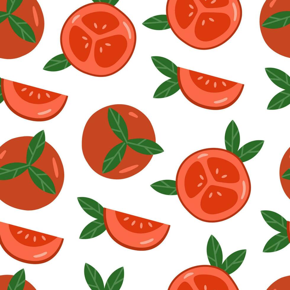 tomate sans couture modèle. plat entier et tranche de tomates sur blanc Contexte. Naturel rouge tomate vecteur conception pour tissu, papier, fond d'écran, couverture, intérieur décor. des légumes vecteur illustration