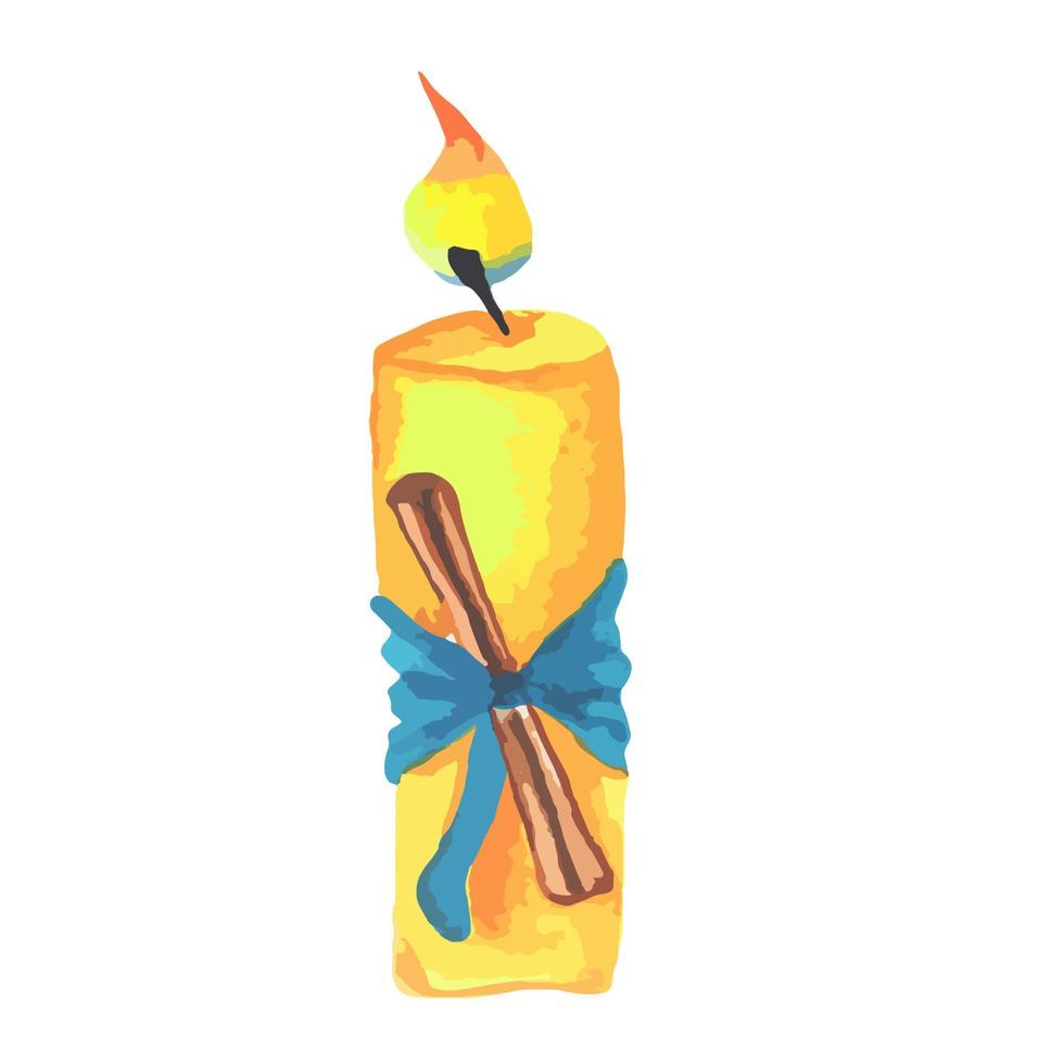 bougie allumée décorative avec arc bleu et bâton de cannelle. la flamme de la bougie de noël avec ruban et archet vecteur