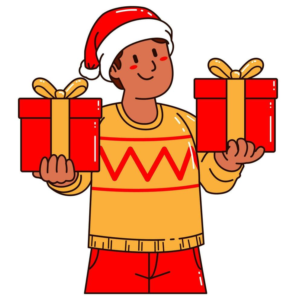 garçon dans une Père Noël claus chapeau en portant une cadeau boîte vecteur