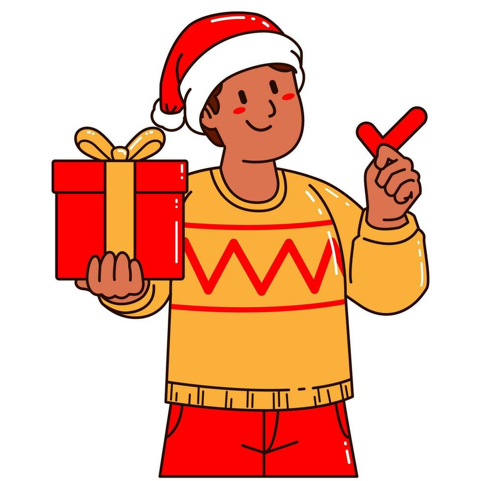 garçon dans une Père Noël claus chapeau en portant une cadeau boîte et vérifier marque vecteur