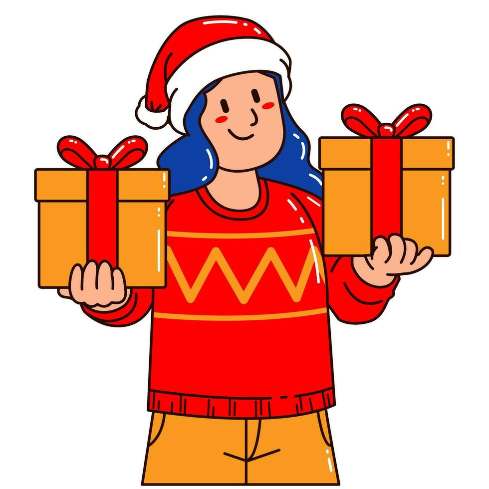 femme dans une Père Noël claus chapeau en portant une cadeau boîte vecteur