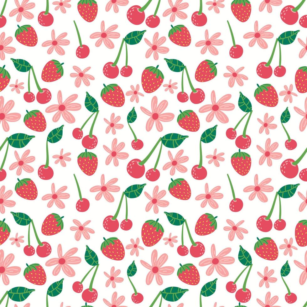 fleurs de fraises cerise modèle vectorielle continue. répéter l'arrière-plan avec des fruits d'été. utiliser pour le tissu, l'emballage cadeau, l'emballage. vecteur