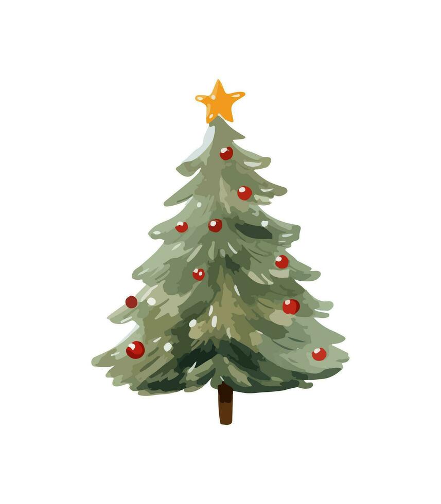 ai généré vecteur illustration de décoré Noël arbre dans neige sur blanc Contexte. vert duveteux Noël pin, isolé sur blanc Contexte. mignonne Noël arbre dans dessin animé aquarelle style.