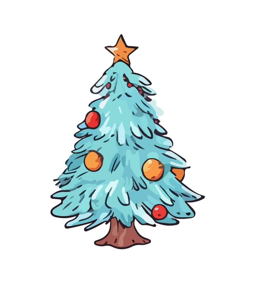 ai généré vecteur illustration de décoré Noël arbre dans neige sur blanc Contexte. vert duveteux Noël pin, isolé sur blanc Contexte. mignonne Noël arbre dans dessin animé aquarelle style.