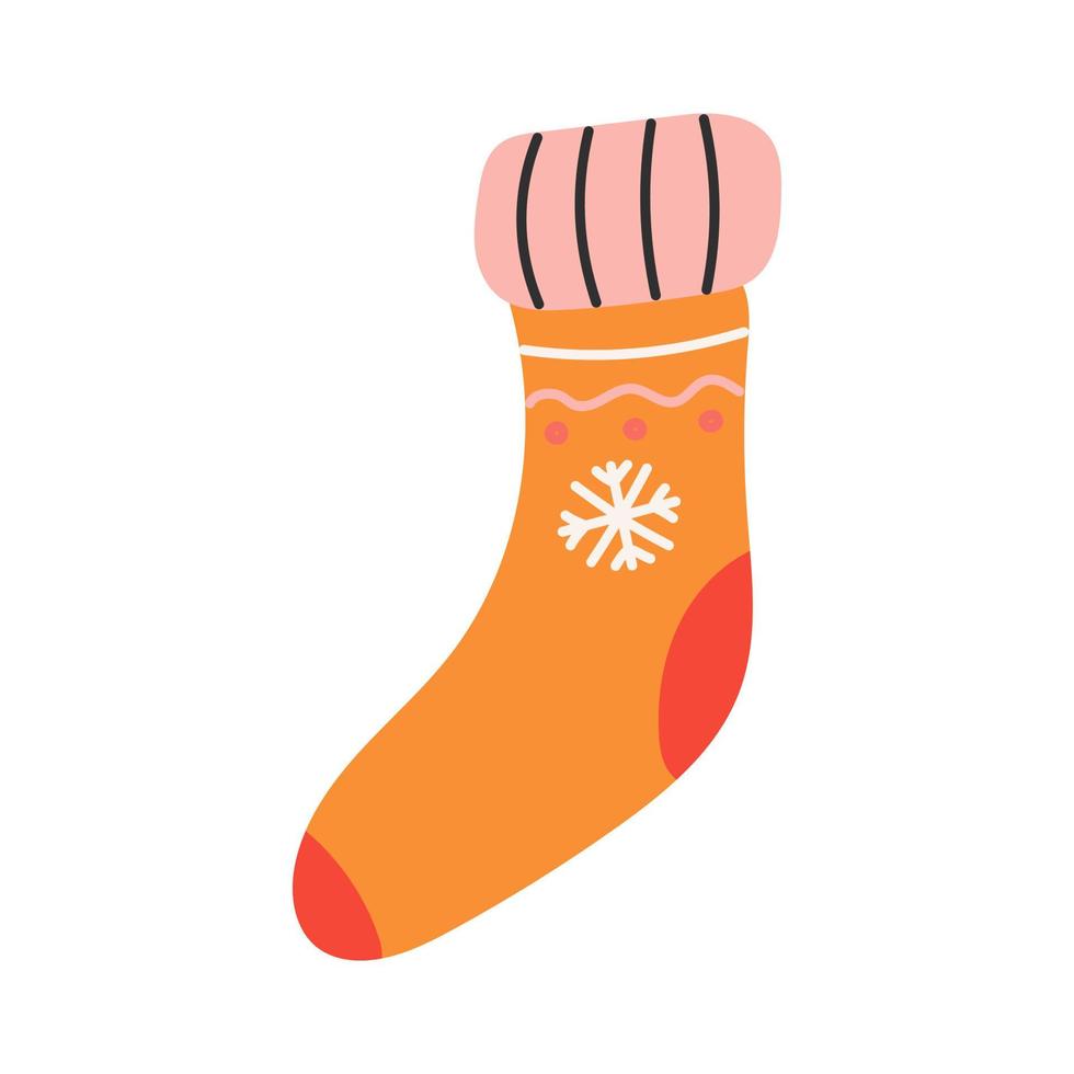 Chaussette orange chaude avec flocon de neige, illustration vectorielle à plat vecteur