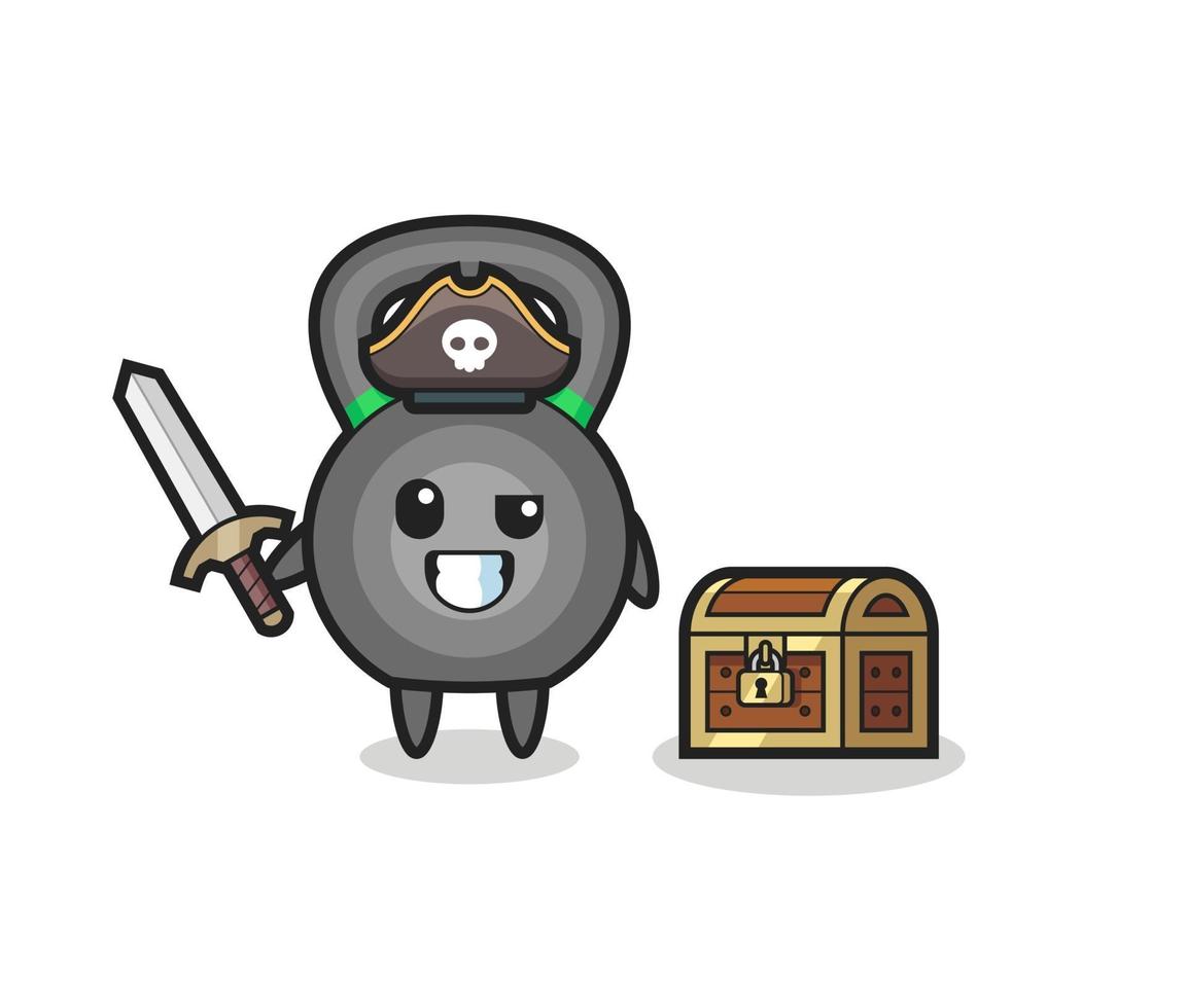 le personnage de pirate kettleball tenant une épée à côté d'un coffre au trésor vecteur